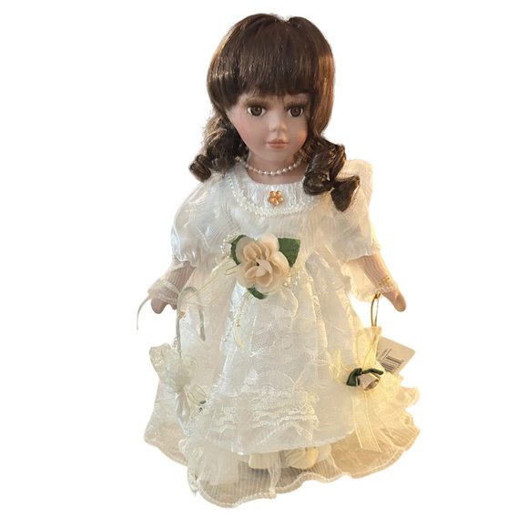 Vintage Porcelain Doll Dressed in White Satin & Lace, 11" Tall -‎ Stand Included - Picture 1 of 10